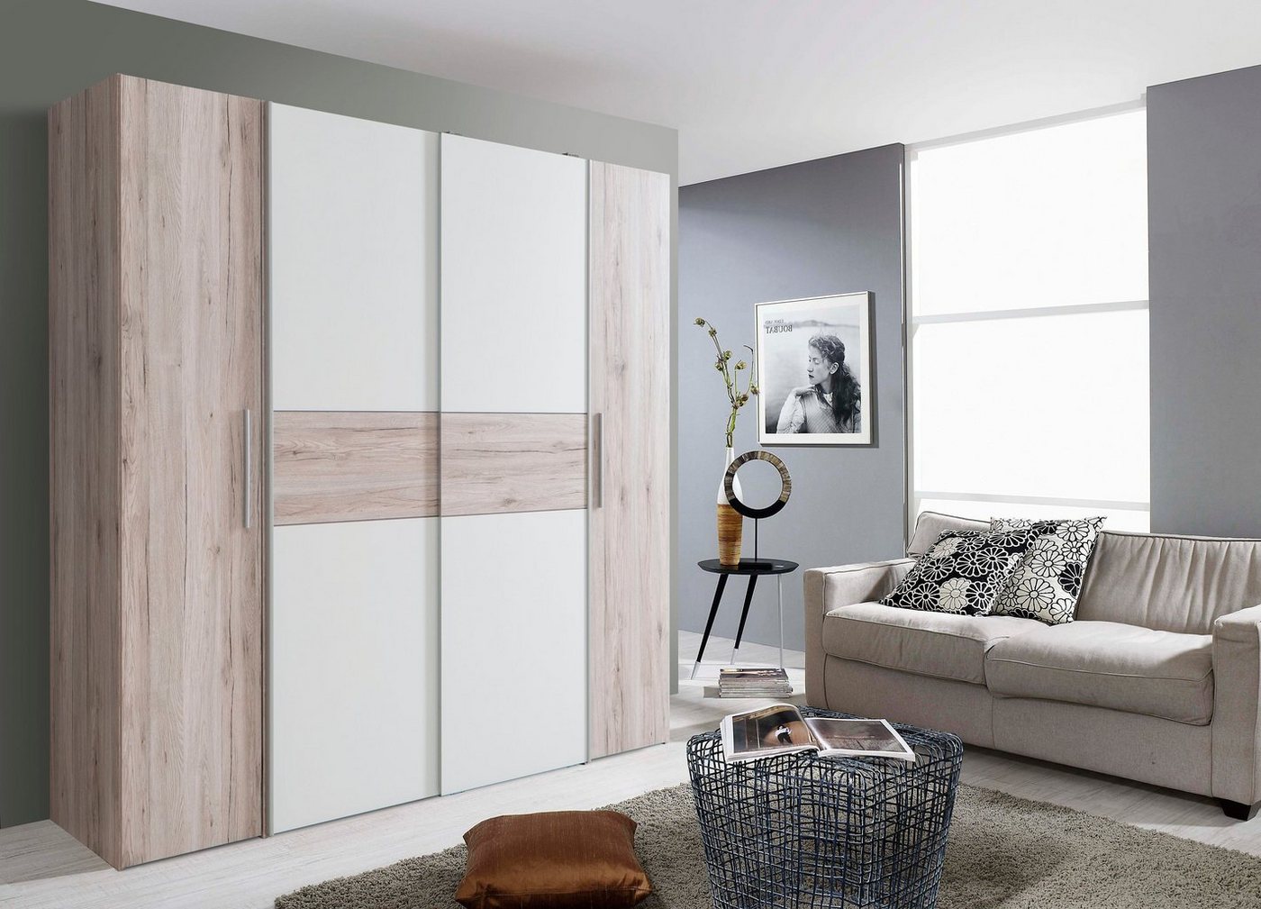 FORTE Kleiderschrank Kalixtus, Made in Europe (B/H/T ca. 200x190x60 cm, 2 Schiebetüren, 2 Drehtüren, 8 Einlegeböden) Kombination aus Dreh- und Schwebetüren, meh – Bild 3 von 5