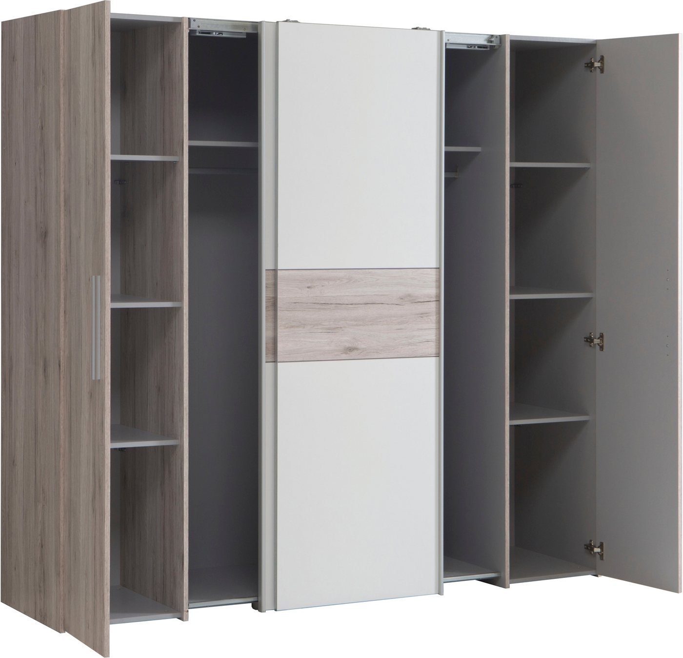 FORTE Kleiderschrank Kalixtus, Made in Europe (B/H/T ca. 200x190x60 cm, 2 Schiebetüren, 2 Drehtüren, 8 Einlegeböden) Kombination aus Dreh- und Schwebetüren, meh – Bild 4 von 5