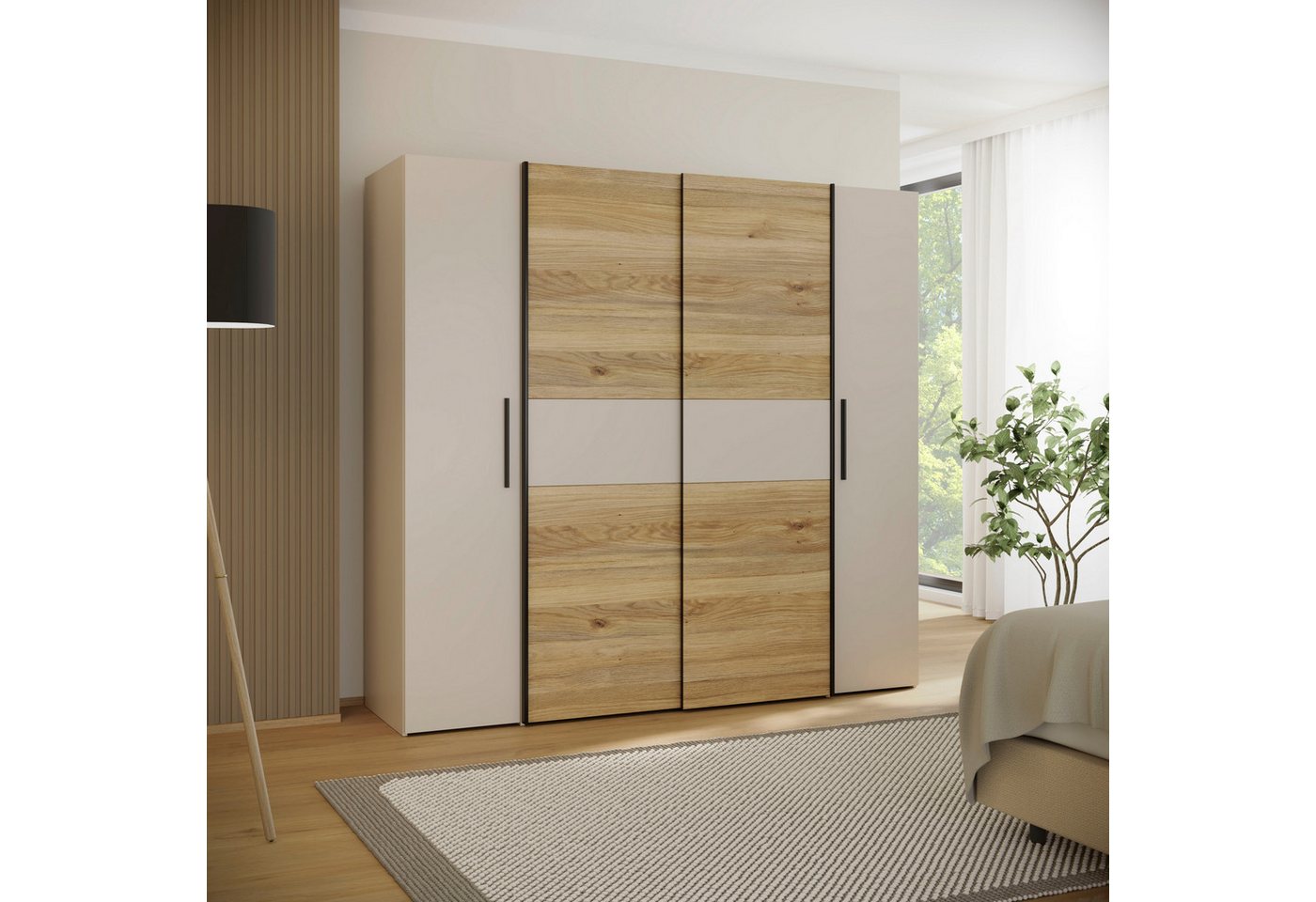 FORTE Kleiderschrank Kalixtus, Made in Europe (B/H/T ca. 200x190x60 cm, 2 Schiebetüren, 2 Drehtüren, 8 Einlegeböden) Kombination aus Dreh- und Schwebetüren, meh – Bild 2 von 5