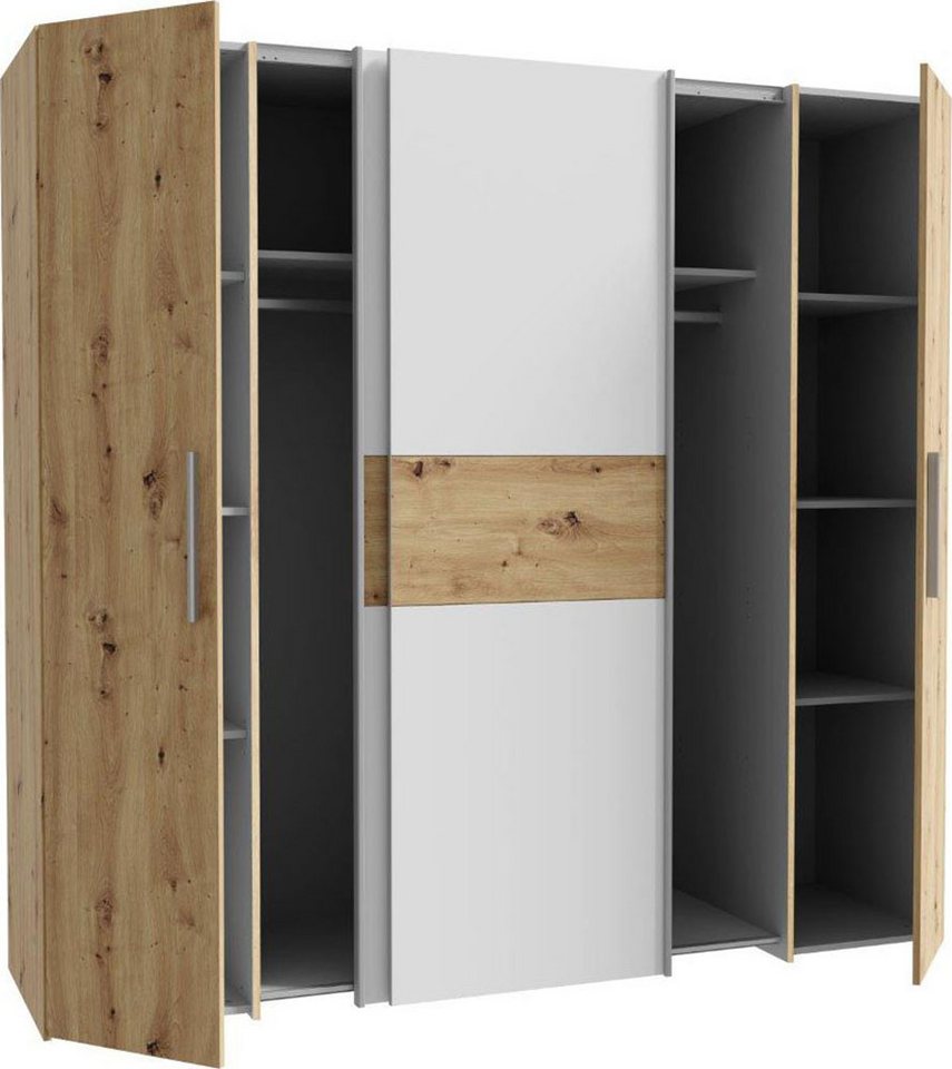 FORTE Kleiderschrank Kalixtus, Made in Europe (B/H/T ca. 200x190x60 cm, 2 Schiebetüren, 2 Drehtüren, 8 Einlegeböden) Kombination aus Dreh- und Schwebetüren, meh – Bild 5 von 5