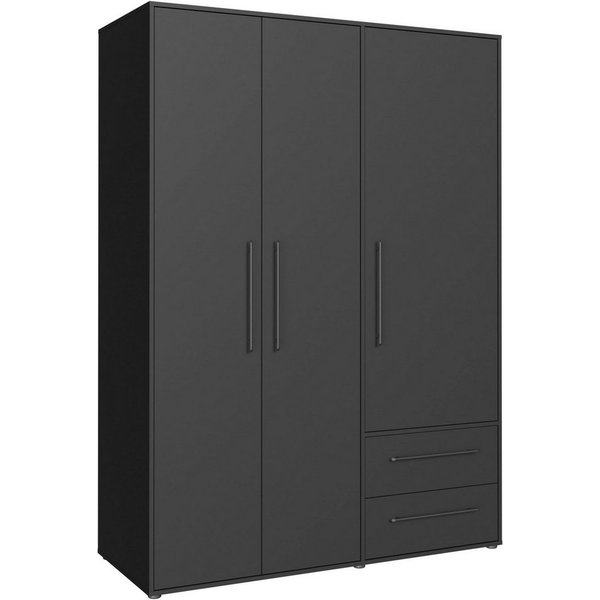 FORTE Kleiderschrank Mokkaris, Garderobe, zeitloses Design, 3 Türen, Made in Europe (B/H/T ca. 144x200x59cm) Zwei Schubladen, schwarze Stangengriffe, Stauraum, 
