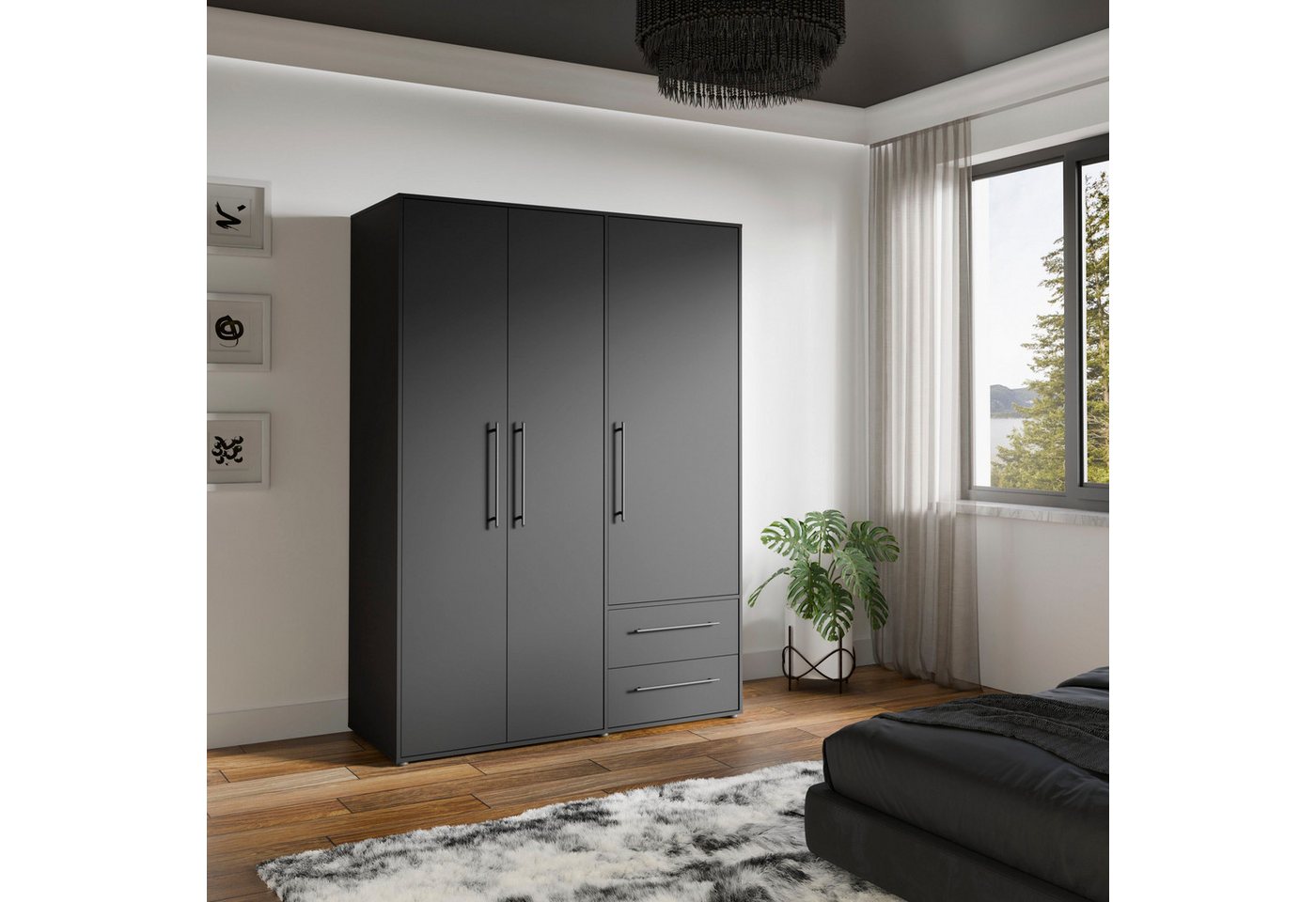 FORTE Kleiderschrank Mokkaris, Garderobe, zeitloses Design, 3 Türen, Made in Europe (B/H/T ca. 144x200x59cm) Zwei Schubladen, schwarze Stangengriffe, Stauraum,  – Bild 2 von 5