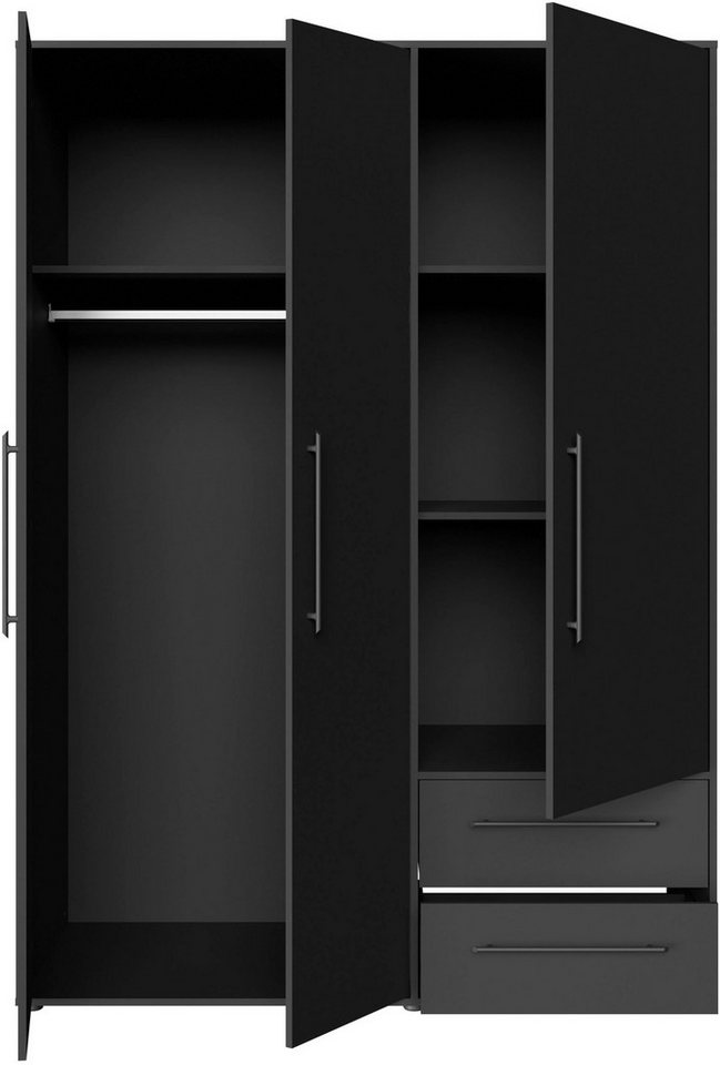 FORTE Kleiderschrank Mokkaris, Garderobe, zeitloses Design, 3 Türen, Made in Europe (B/H/T ca. 144x200x59cm) Zwei Schubladen, schwarze Stangengriffe, Stauraum,  – Bild 4 von 5