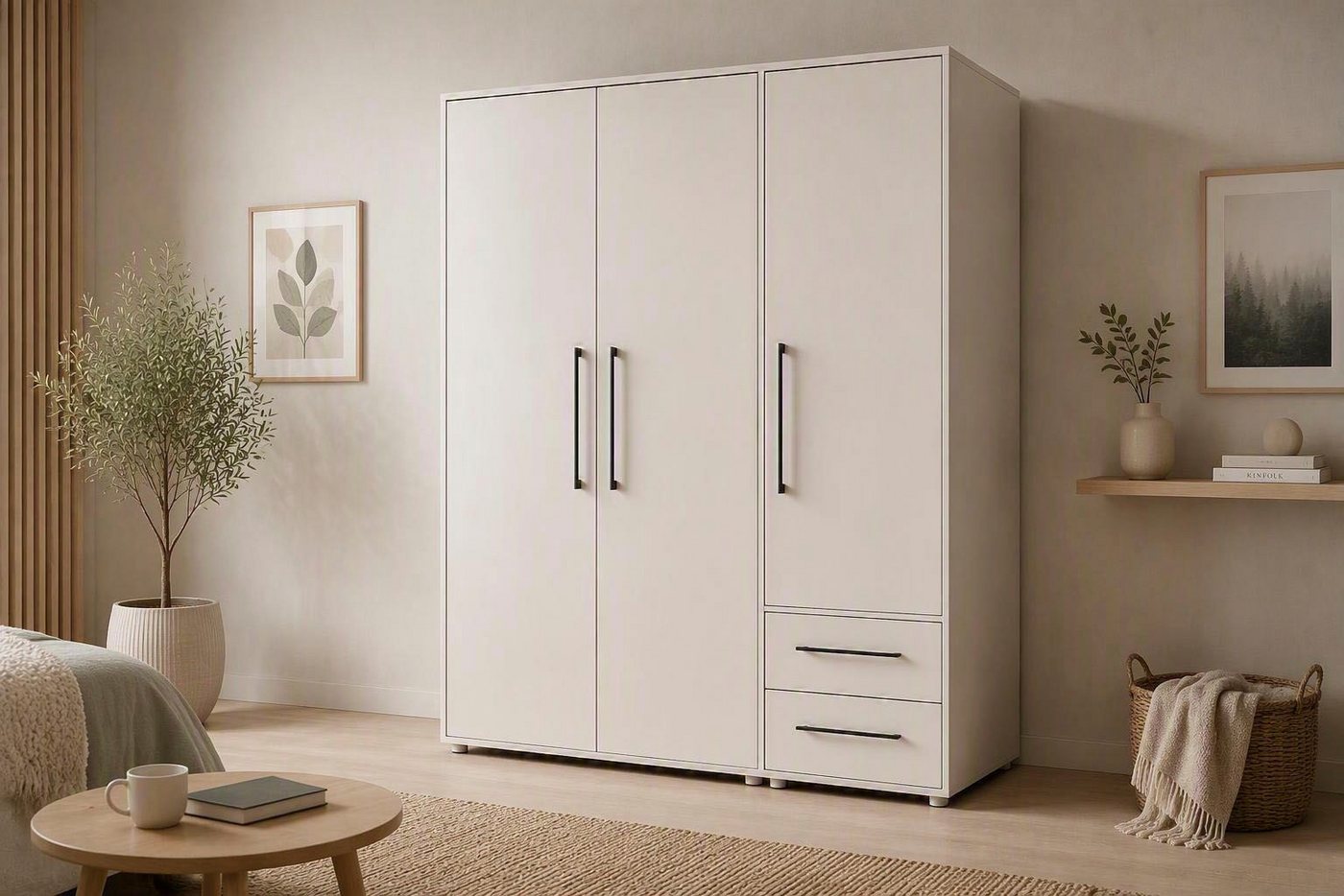 FORTE Kleiderschrank Mokkaris, Garderobe, zeitloses Design, 3 Türen, Made in Europe (B/H/T ca. 144x200x59cm) Zwei Schubladen, schwarze Stangengriffe, Stauraum,  – Bild 2 von 5