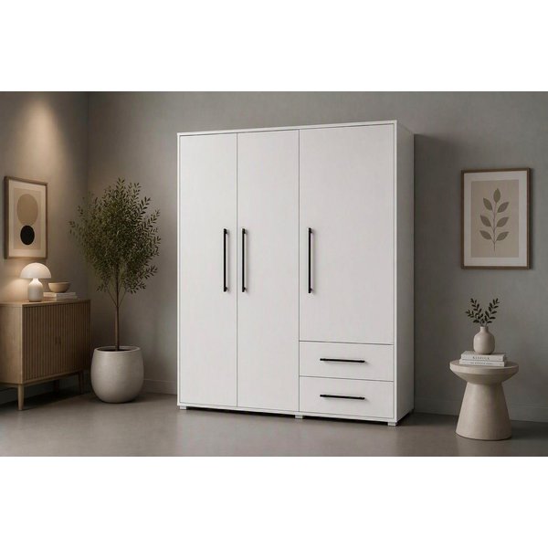 FORTE Kleiderschrank Mokkaris, Garderobe, zeitloses Design, 3 Türen, Made in Europe (B/H/T ca. 144x200x59cm) Zwei Schubladen, schwarze Stangengriffe, Stauraum, 