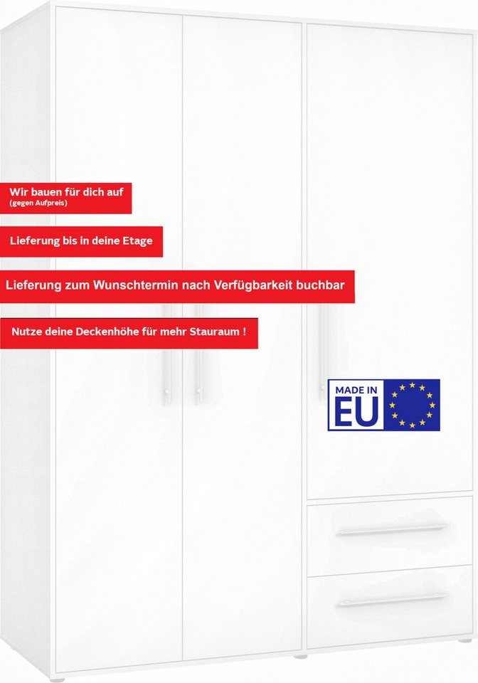 FORTE Kleiderschrank Mokkaris, Garderobe, zeitloses Design, 3 Türen, Made in Europe (B/H/T ca. 144x200x59cm) Zwei Schubladen, schwarze Stangengriffe, Stauraum,  – Bild 4 von 5