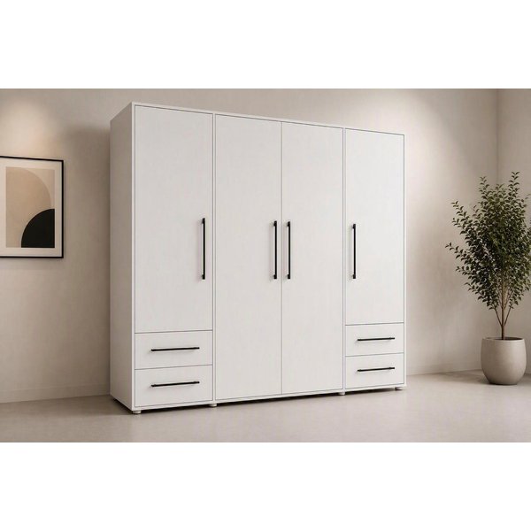 FORTE Kleiderschrank Mokkaris, Garderobe, zeitloses Design, 4 Türen, Made in Europe (B/H/T ca. 206x200x59cm) 4 Schubladen + schwarze Stangengriffe, Made in Euro