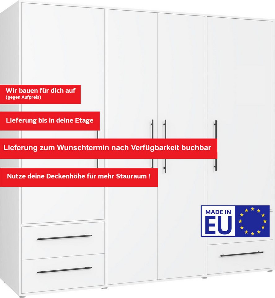 FORTE Kleiderschrank Mokkaris, Garderobe, zeitloses Design, 4 Türen, Made in Europe (B/H/T ca. 206x200x59cm) 4 Schubladen + schwarze Stangengriffe, Made in Euro – Bild 3 von 5