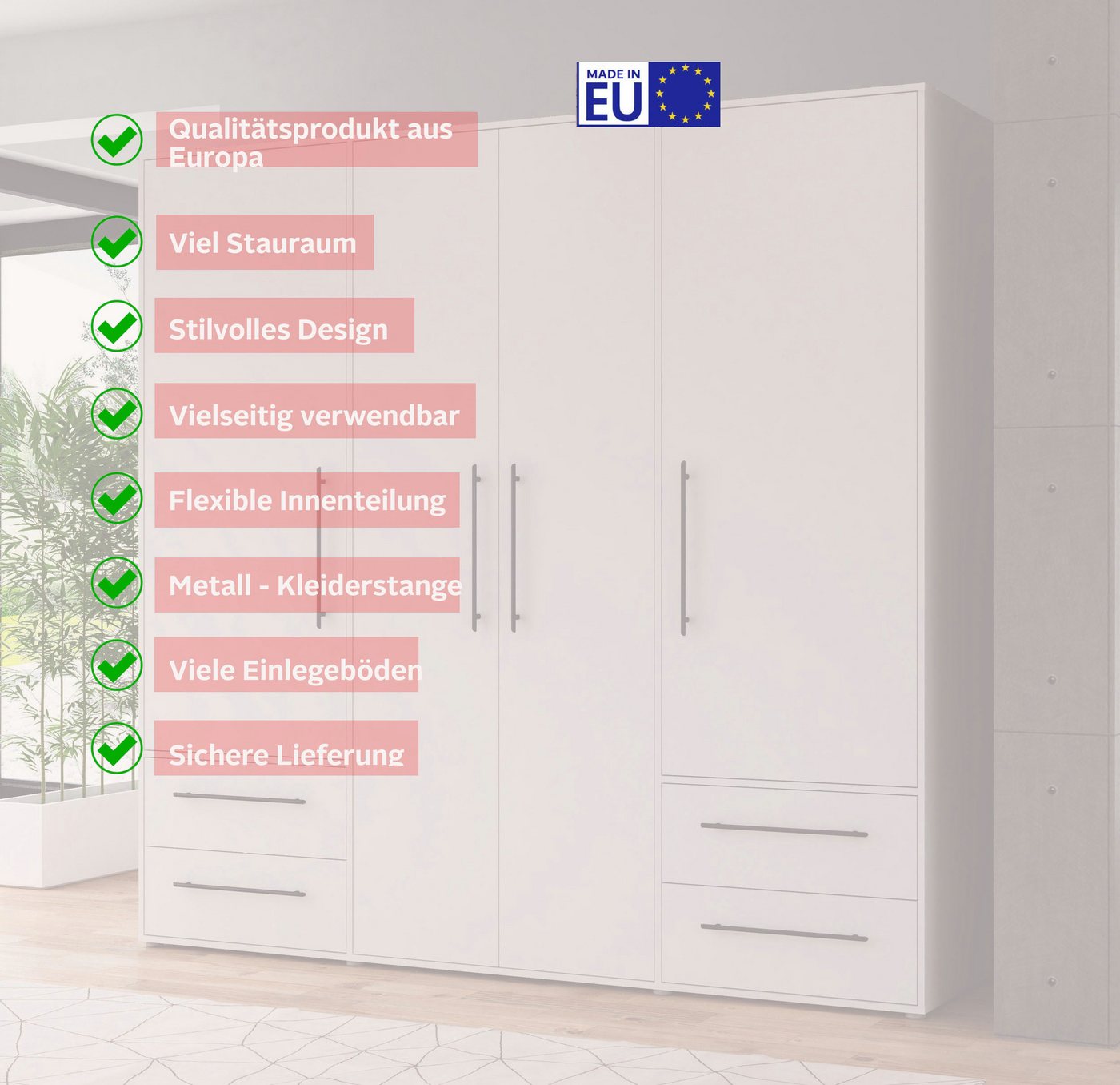 FORTE Kleiderschrank Mokkaris, Garderobe, zeitloses Design, 4 Türen, Made in Europe (B/H/T ca. 206x200x59cm) 4 Schubladen + schwarze Stangengriffe, Made in Euro – Bild 4 von 5