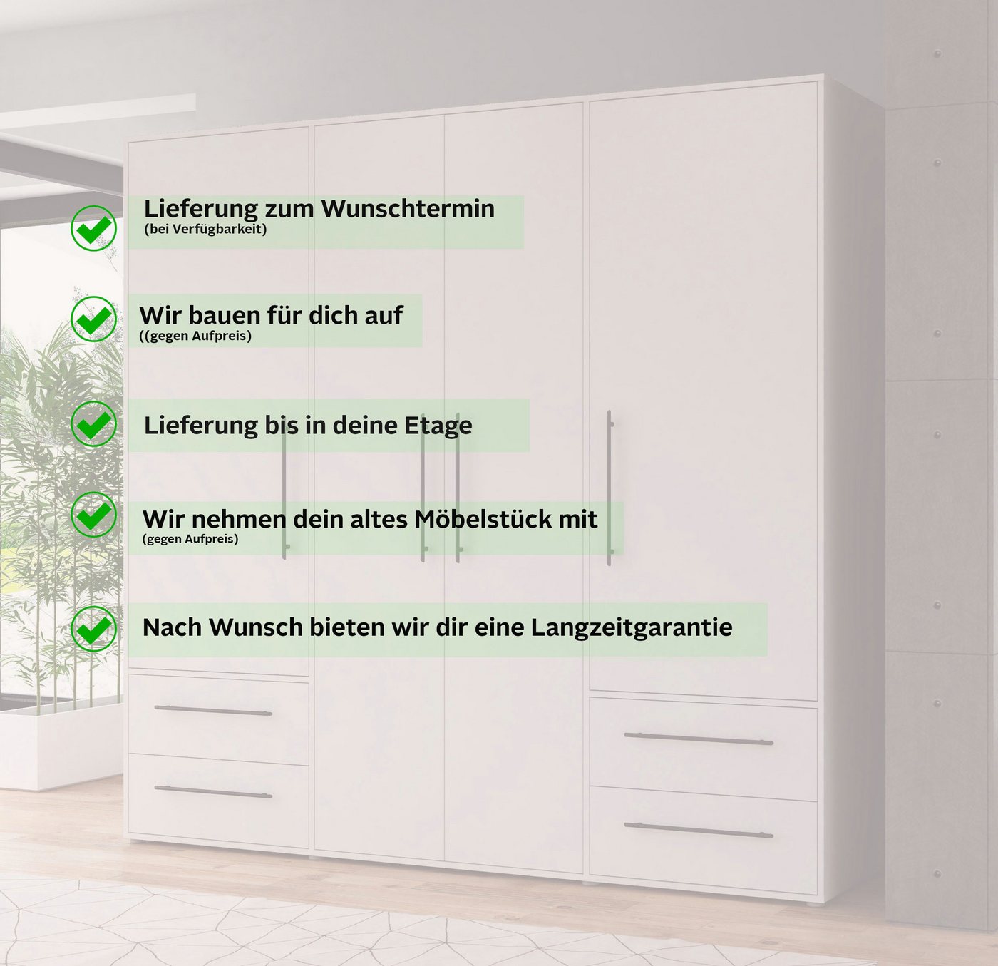 FORTE Kleiderschrank Mokkaris, Garderobe, zeitloses Design, 4 Türen, Made in Europe (B/H/T ca. 206x200x59cm) 4 Schubladen + schwarze Stangengriffe, Made in Euro – Bild 5 von 5