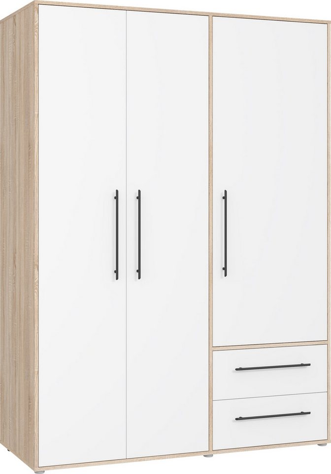 FORTE Kleiderschrank Mokkaris, Garderobe, zeitloses Design, 3 Türen, Made in Europe (B/H/T ca. 144x200x59cm) Zwei Schubladen, schwarze Stangengriffe, Stauraum,  – Bild 2 von 5
