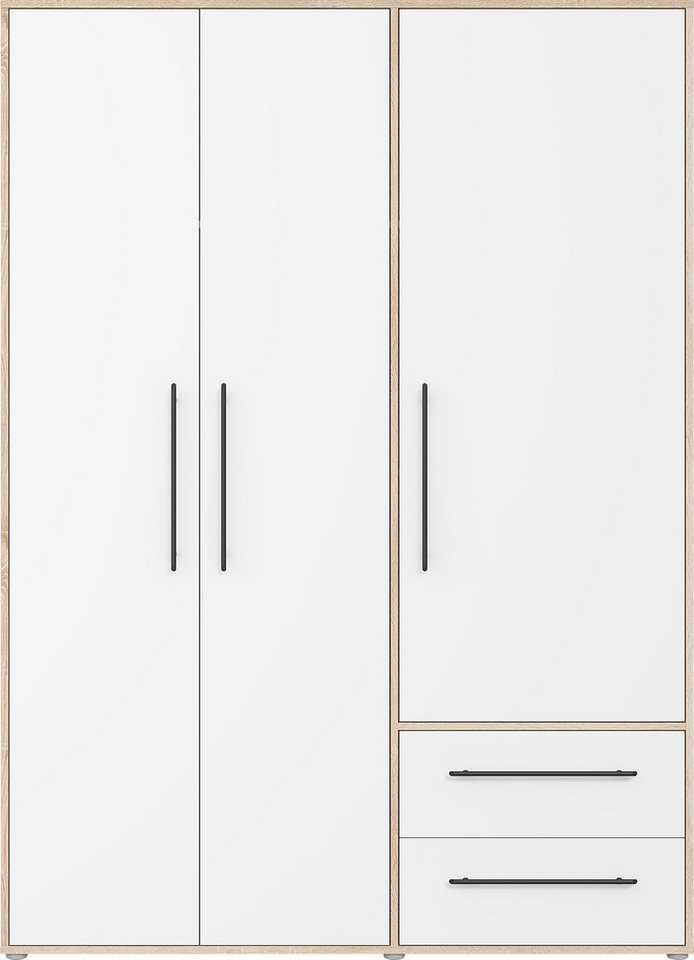 FORTE Kleiderschrank Mokkaris, Garderobe, zeitloses Design, 3 Türen, Made in Europe (B/H/T ca. 144x200x59cm) Zwei Schubladen, schwarze Stangengriffe, Stauraum,  – Bild 3 von 5