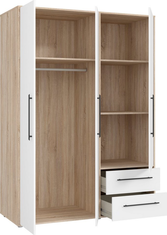 FORTE Kleiderschrank Mokkaris, Garderobe, zeitloses Design, 3 Türen, Made in Europe (B/H/T ca. 144x200x59cm) Zwei Schubladen, schwarze Stangengriffe, Stauraum,  – Bild 4 von 5