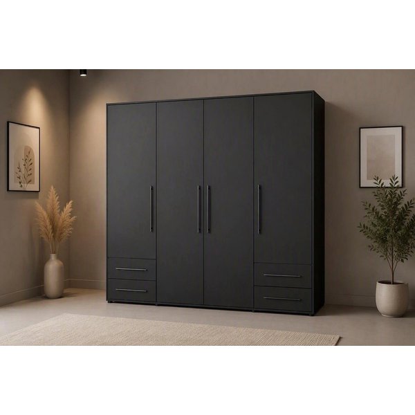 FORTE Kleiderschrank Mokkaris, Garderobe, zeitloses Design, 4 Türen, Made in Europe (B/H/T ca. 206x200x59cm) Zwei Schubladen, schwarze Stangengriffe, Stauraum, 