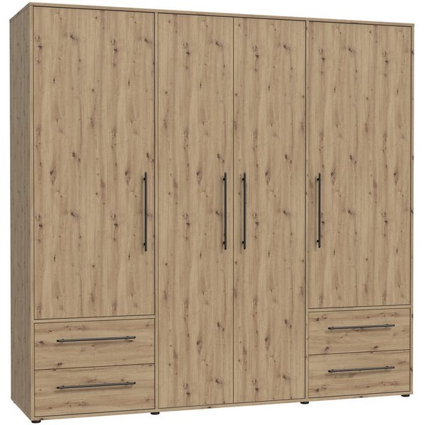 FORTE Kleiderschrank Mokkaris, Garderobe, zeitloses Design, 4 Türen, Made in Europe (B/H/T ca. 206x200x59cm) 4 Schubladen + schwarze Stangengriffe, Made in Euro