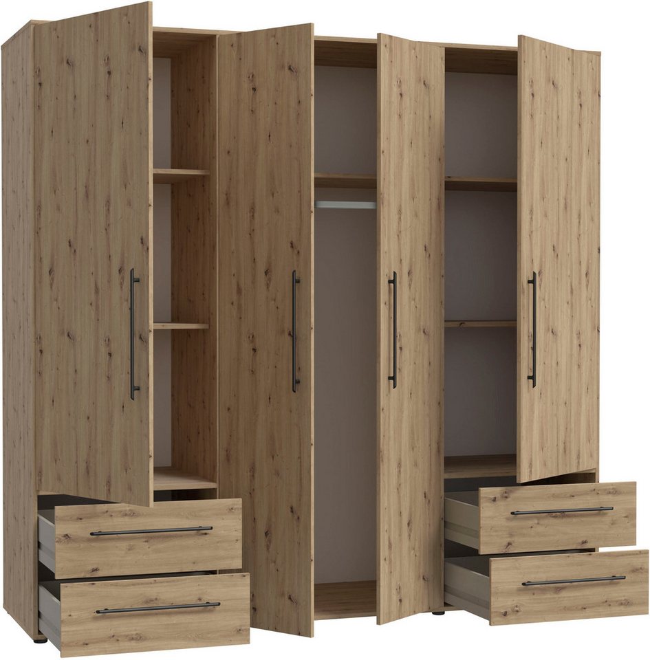 FORTE Kleiderschrank Mokkaris, Garderobe, zeitloses Design, 4 Türen, Made in Europe (B/H/T ca. 206x200x59cm) 4 Schubladen + schwarze Stangengriffe, Made in Euro – Bild 4 von 5