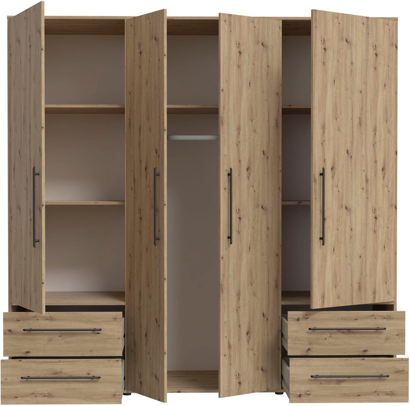 FORTE Kleiderschrank Mokkaris, Garderobe, zeitloses Design, 4 Türen, Made in Europe (B/H/T ca. 206x200x59cm) 4 Schubladen + schwarze Stangengriffe, Made in Euro – Bild 5 von 5