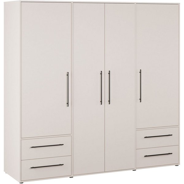 FORTE Kleiderschrank Mokkaris, Garderobe, zeitloses Design, 4 Türen, Made in Europe (B/H/T ca. 206x200x59cm) 4 Schubladen + schwarze Stangengriffe, Made in Euro