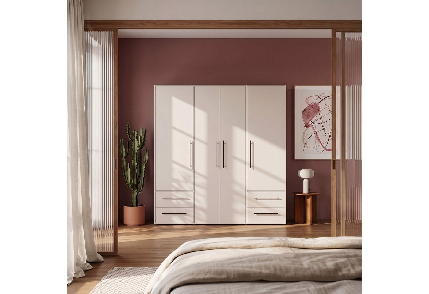 FORTE Kleiderschrank Mokkaris, Garderobe, zeitloses Design, 4 Türen, Made in Europe (B/H/T ca. 206x200x59cm) 4 Schubladen + schwarze Stangengriffe, Made in Euro – Bild 2 von 5