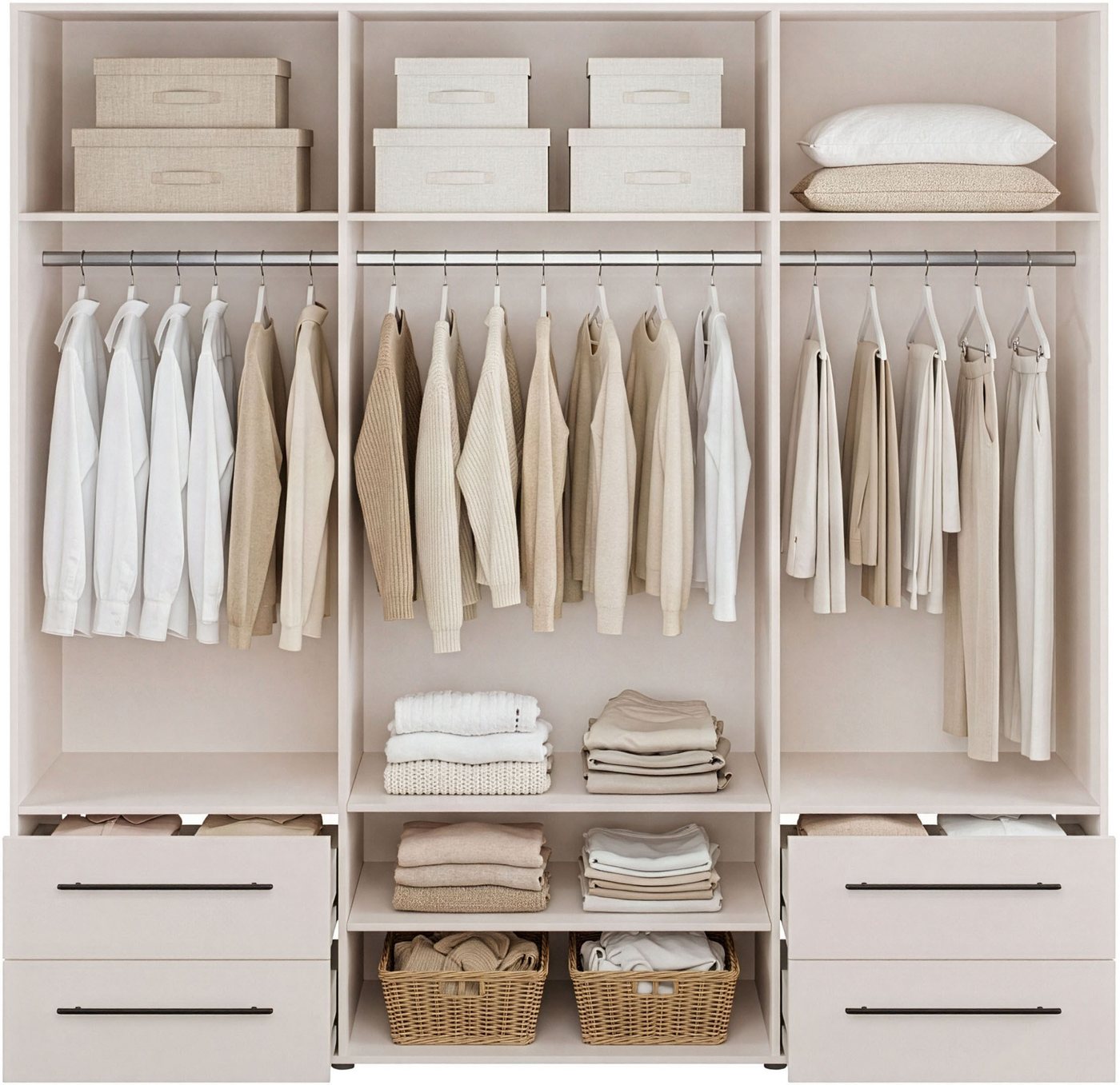 FORTE Kleiderschrank Mokkaris, Garderobe, zeitloses Design, 4 Türen, Made in Europe (B/H/T ca. 206x200x59cm) 4 Schubladen + schwarze Stangengriffe, Made in Euro – Bild 5 von 5