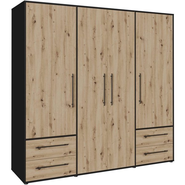 FORTE Kleiderschrank Mokkaris, Garderobe, zeitloses Design, 4 Türen, Made in Europe (B/H/T ca. 206x200x59cm) 4 Schubladen + schwarze Stangengriffe, Made in Euro