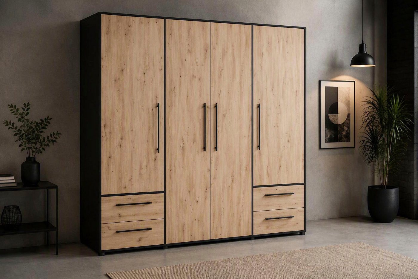 FORTE Kleiderschrank Mokkaris, Garderobe, zeitloses Design, 4 Türen, Made in Europe (B/H/T ca. 206x200x59cm) 4 Schubladen + schwarze Stangengriffe, Made in Euro – Bild 2 von 5