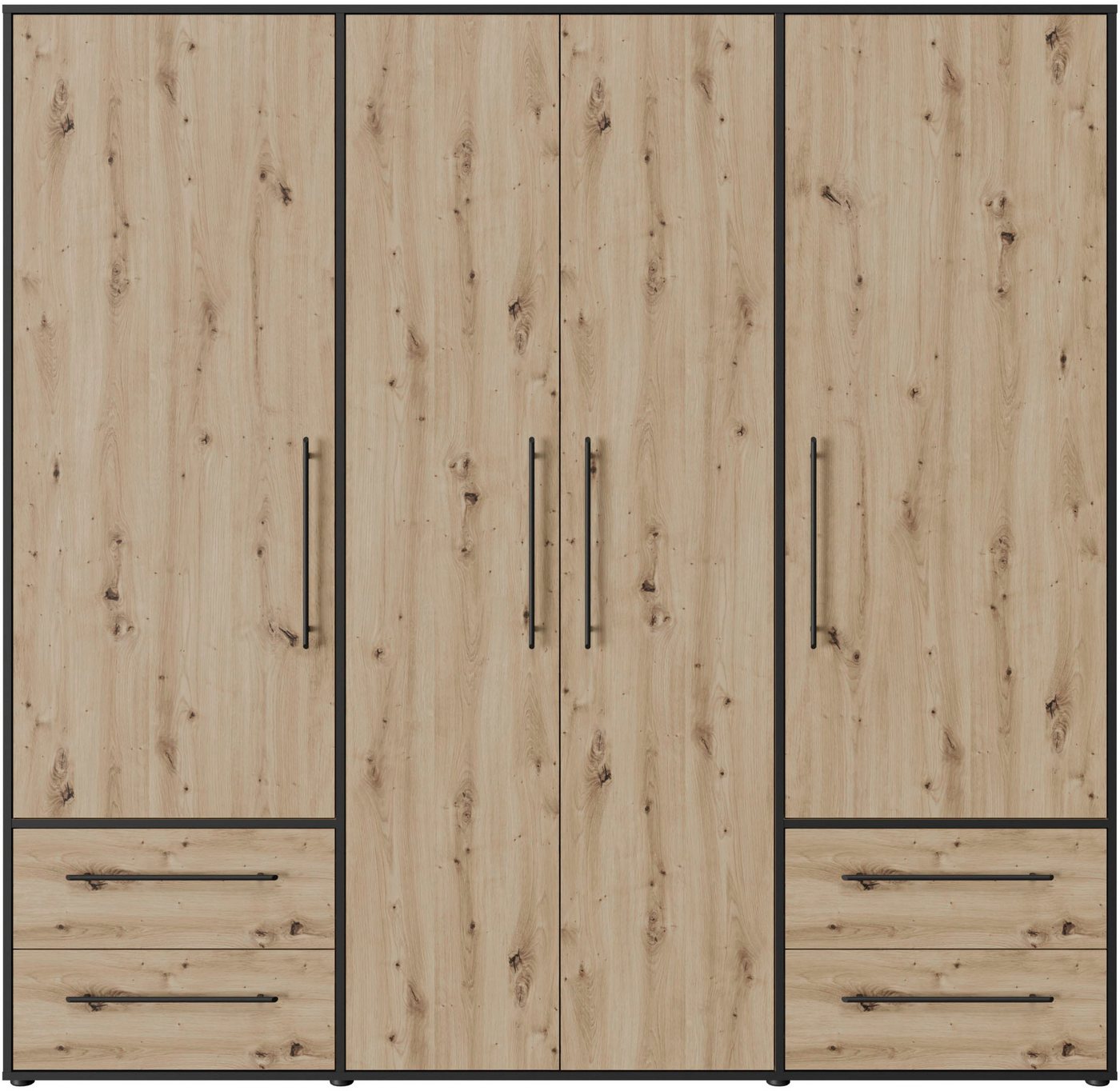 FORTE Kleiderschrank Mokkaris, Garderobe, zeitloses Design, 4 Türen, Made in Europe (B/H/T ca. 206x200x59cm) 4 Schubladen + schwarze Stangengriffe, Made in Euro – Bild 3 von 5