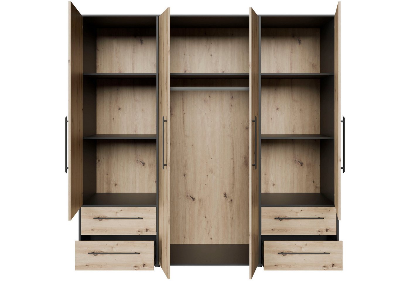 FORTE Kleiderschrank Mokkaris, Garderobe, zeitloses Design, 4 Türen, Made in Europe (B/H/T ca. 206x200x59cm) 4 Schubladen + schwarze Stangengriffe, Made in Euro – Bild 4 von 5
