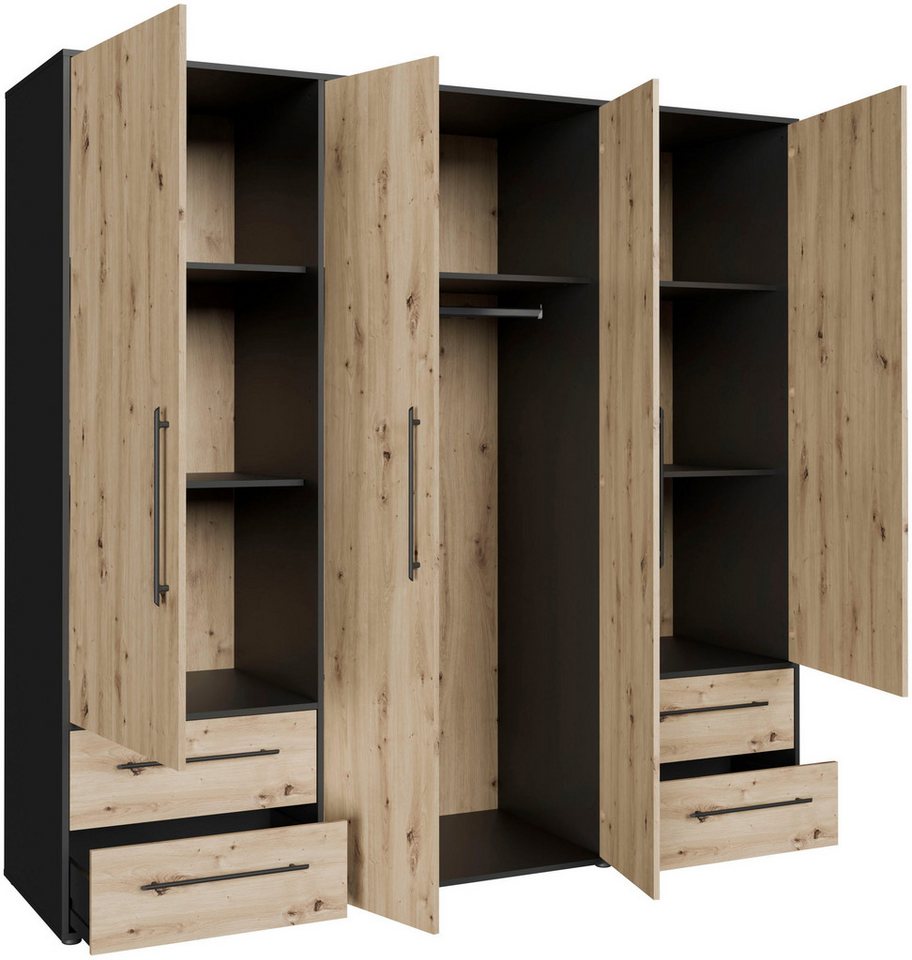 FORTE Kleiderschrank Mokkaris, Garderobe, zeitloses Design, 4 Türen, Made in Europe (B/H/T ca. 206x200x59cm) 4 Schubladen + schwarze Stangengriffe, Made in Euro – Bild 5 von 5