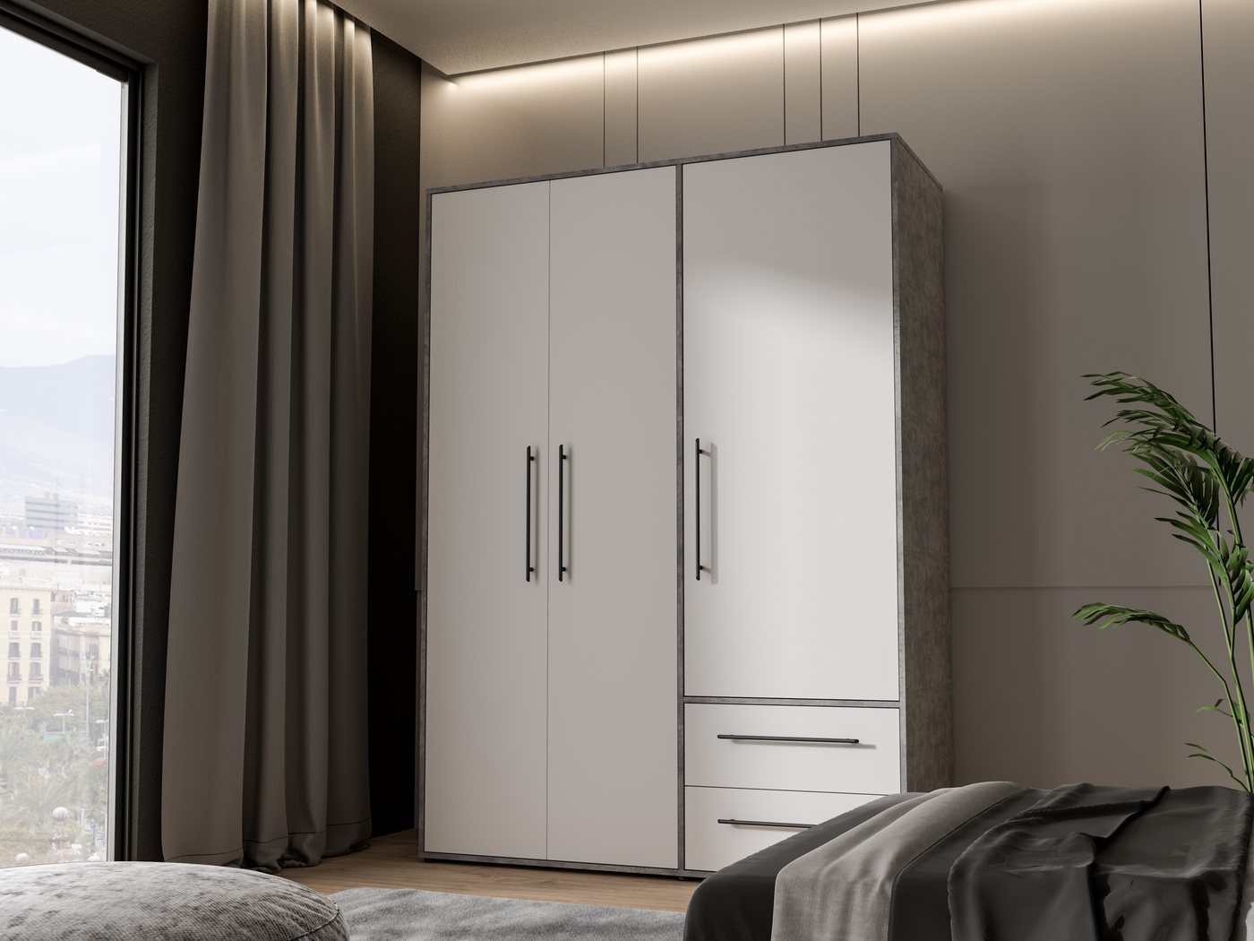 FORTE Kleiderschrank Mokkaris, Garderobe, zeitloses Design, 3 Türen, Made in Europe (B/H/T ca. 144x200x59cm) Zwei Schubladen, schwarze Stangengriffe, Stauraum,  – Bild 2 von 5