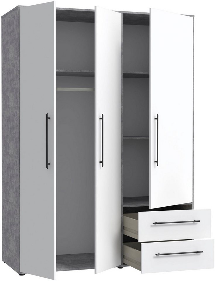 FORTE Kleiderschrank Mokkaris, Garderobe, zeitloses Design, 3 Türen, Made in Europe (B/H/T ca. 144x200x59cm) Zwei Schubladen, schwarze Stangengriffe, Stauraum,  – Bild 4 von 5