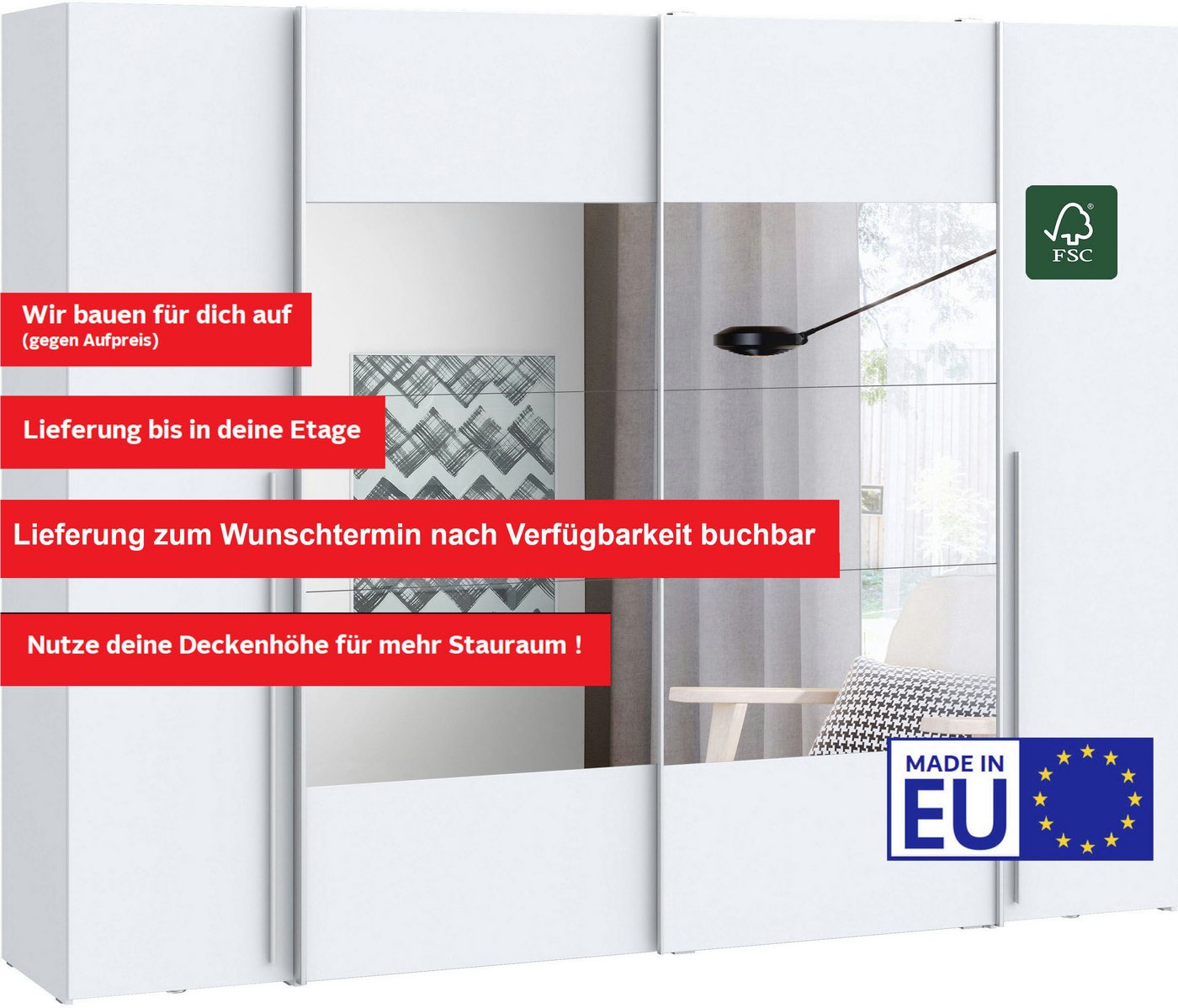 FORTE Kleiderschrank Narago, Kombischrank mit Spiegel (B/H/T ca. 270/210/61cm) Schwebetüren in Kombination mit Drehtüren, Made in Europe – Bild 4 von 5