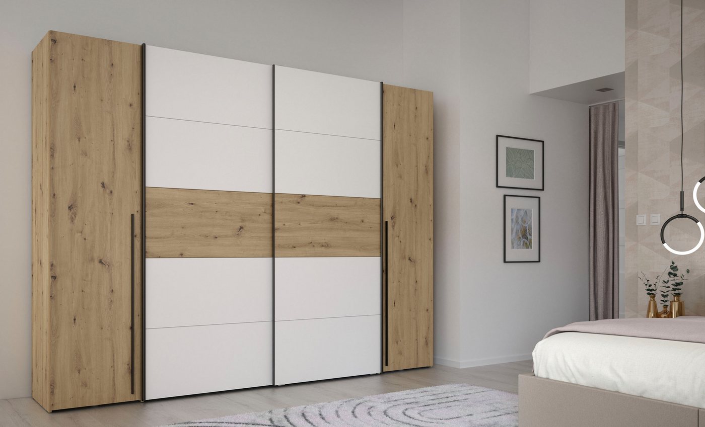 FORTE Kleiderschrank Narago, Kombischrank, Paneele wechselbar (B/H/T ca. 270/210/61cm) Kombination aus Schwebetüren mit seitlichen Drehtüren, Made in Europe – Bild 2 von 5