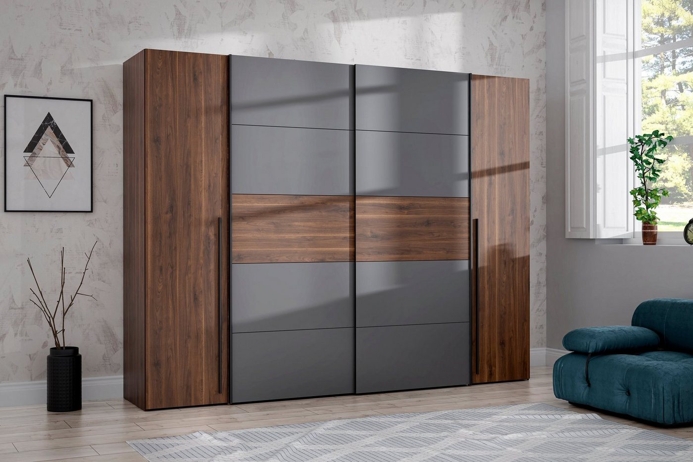 FORTE Kleiderschrank Narago, Kombischrank, Paneele wechselbar (B/H/T ca. 270/210/61cm) Kombination aus Schwebetüren mit seitlichen Drehtüren, Made in Europe – Bild 2 von 5