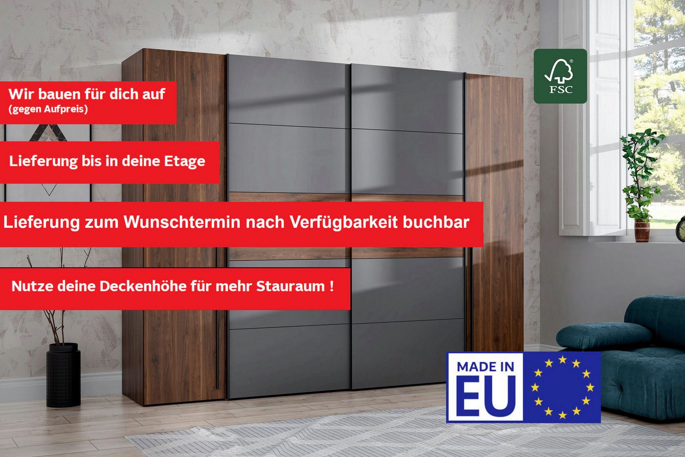 FORTE Kleiderschrank Narago, Kombischrank, Paneele wechselbar (B/H/T ca. 270/210/61cm) Kombination aus Schwebetüren mit seitlichen Drehtüren, Made in Europe – Bild 3 von 5