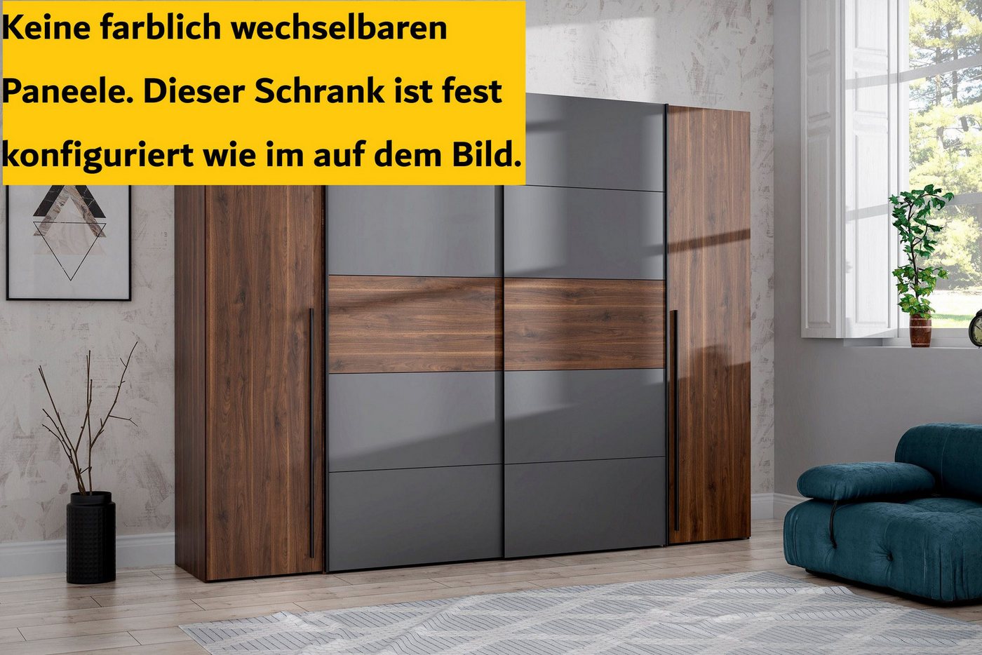 FORTE Kleiderschrank Narago, Kombischrank, Paneele wechselbar (B/H/T ca. 270/210/61cm) Kombination aus Schwebetüren mit seitlichen Drehtüren, Made in Europe – Bild 4 von 5