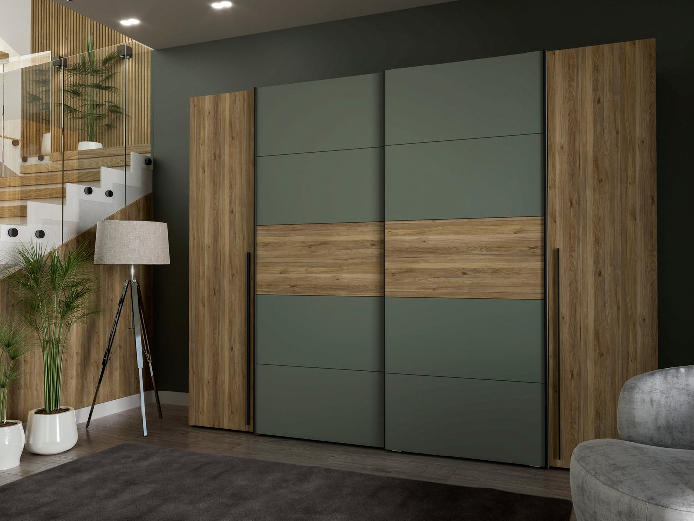 FORTE Kleiderschrank Narago, Kombischrank, Paneele wechselbar (B/H/T ca. 270/210/61cm) Kombination aus Schwebetüren mit seitlichen Drehtüren, Made in Europe – Bild 3 von 5