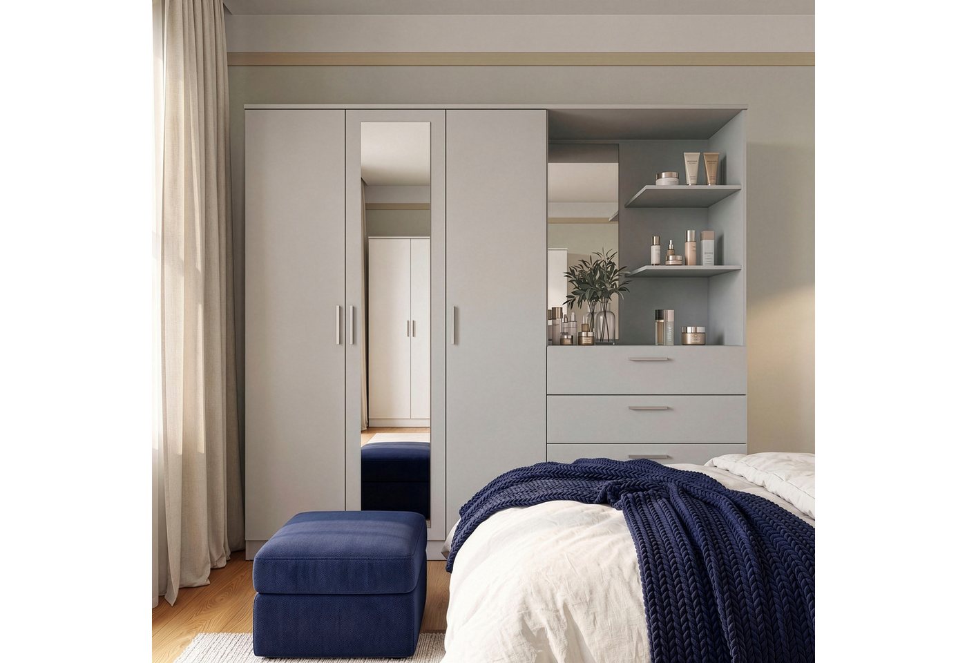 FORTE Kleiderschrank Panama, Garderobenschrank, Spiegel, Schubladen, Regale, viel Stauraum (B/H/T 199/181/52,7) B/H/T 199/181/52,7, Spiegeltüre, Stauraum, FSC – Bild 2 von 5