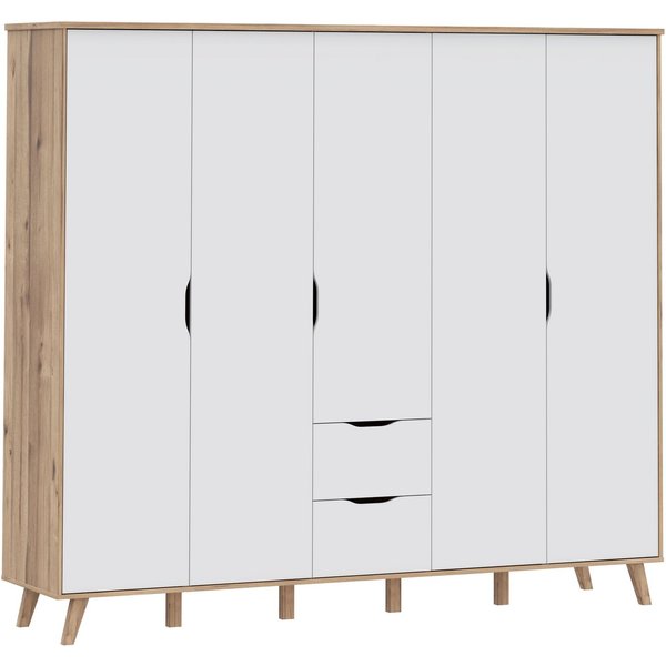 FORTE Kleiderschrank Vankka, Drehtürenschrank, Viel Stauraum, skandinavischer Stil Made in Europe, mit Einlegeböden+Kleiderstangen+Schubladen,grifflos