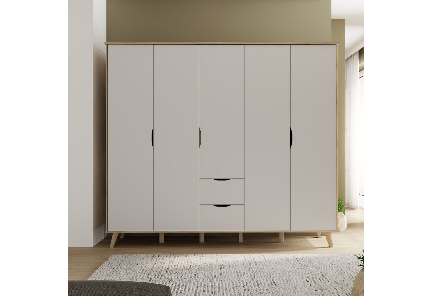 FORTE Kleiderschrank Vankka, Drehtürenschrank, Viel Stauraum, skandinavischer Stil Made in Europe, mit Einlegeböden+Kleiderstangen+Schubladen,grifflos – Bild 2 von 5
