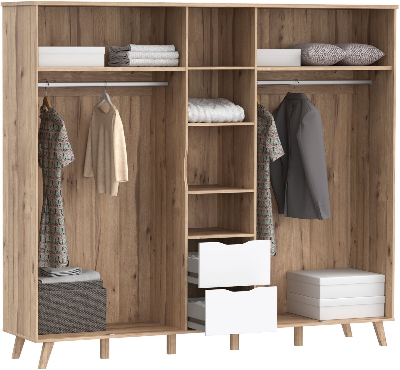 FORTE Kleiderschrank Vankka, Drehtürenschrank, Viel Stauraum, skandinavischer Stil Made in Europe, mit Einlegeböden+Kleiderstangen+Schubladen,grifflos – Bild 3 von 5