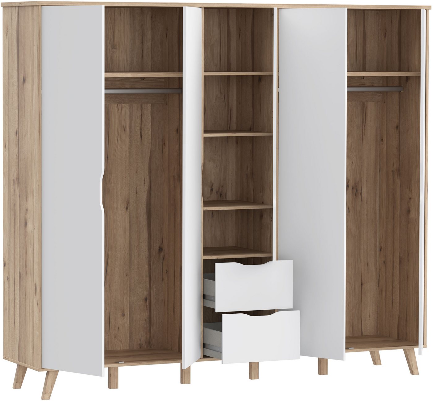 FORTE Kleiderschrank Vankka, Drehtürenschrank, Viel Stauraum, skandinavischer Stil Made in Europe, mit Einlegeböden+Kleiderstangen+Schubladen,grifflos – Bild 4 von 5