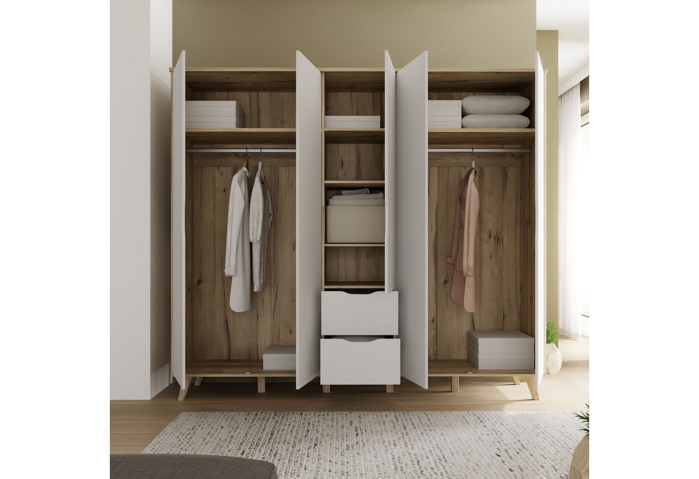 FORTE Kleiderschrank Vankka, Drehtürenschrank, Viel Stauraum, skandinavischer Stil Made in Europe, mit Einlegeböden+Kleiderstangen+Schubladen,grifflos – Bild 5 von 5