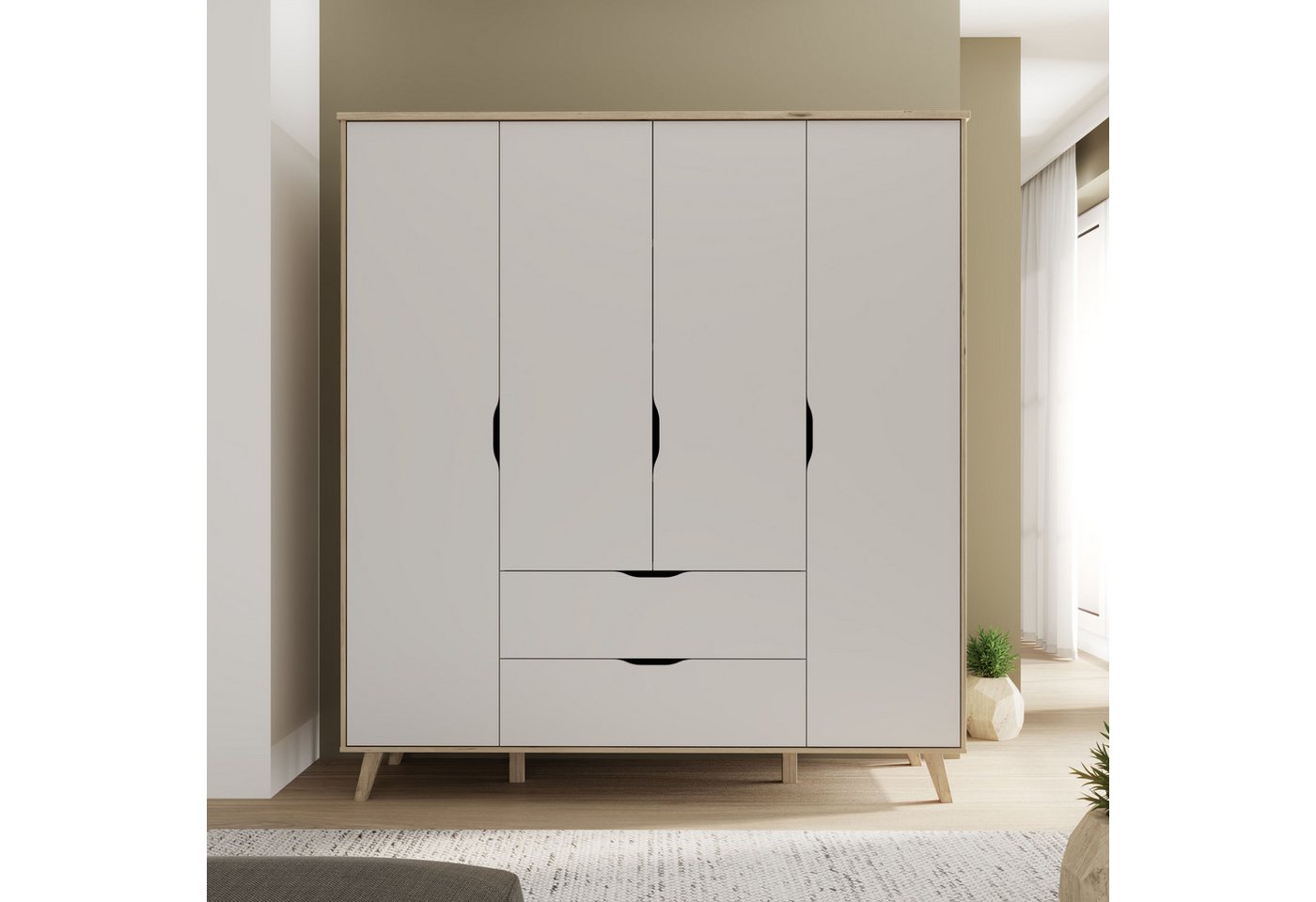 FORTE Kleiderschrank Vankka, Drehtürenschrank, Viel Stauraum, skandinavischer Stil Made in Europe, mit Einlegeböden+Kleiderstangen+Schubladen,grifflos – Bild 3 von 5