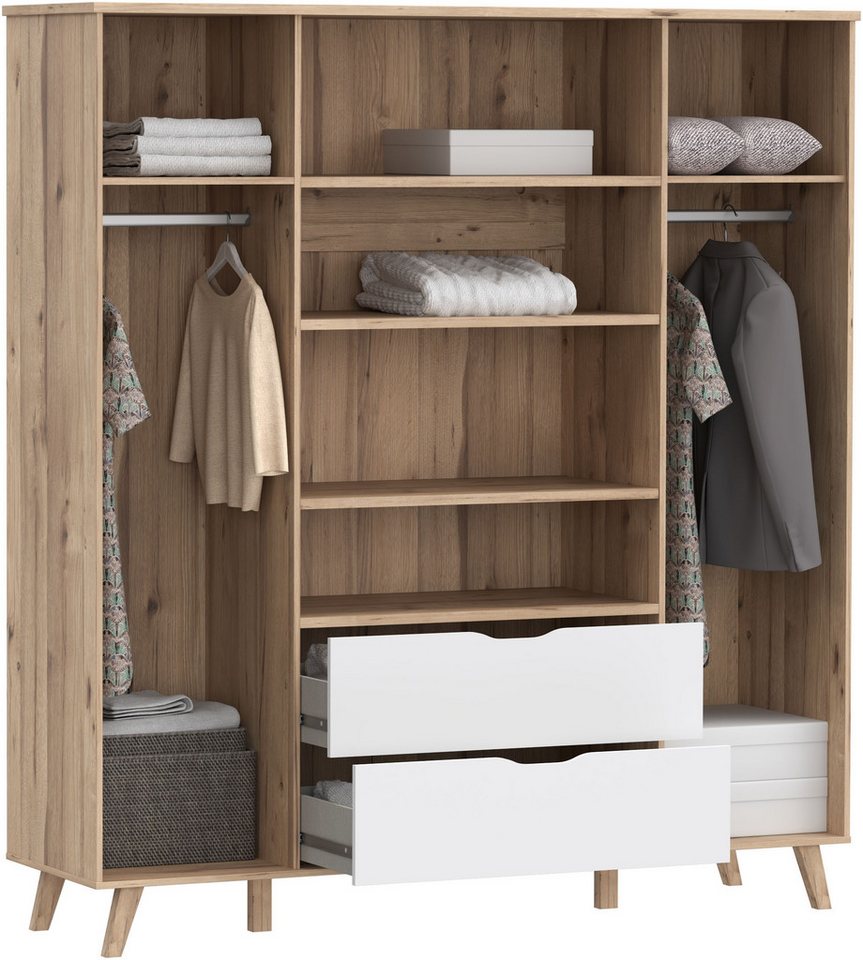 FORTE Kleiderschrank Vankka, Drehtürenschrank, Viel Stauraum, skandinavischer Stil Made in Europe, mit Einlegeböden+Kleiderstangen+Schubladen,grifflos – Bild 4 von 5