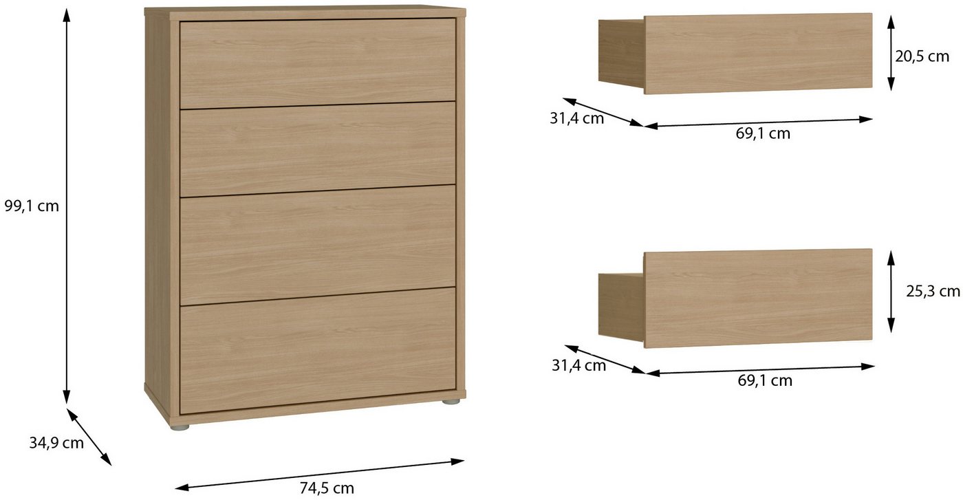 FORTE Kommode Alice Springs, Kommode 4 Schubkästen B/H/T 74,5/99,1/34,9 cm, Schubkästen mit Vollauszug, Grifflos, Push to open – Bild 5 von 5