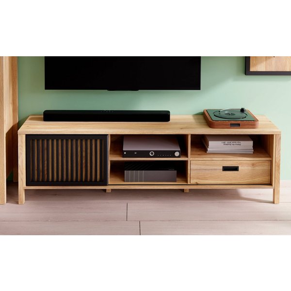 FORTE Lowboard JytanaTV-Board, TV-Schrank, Breite 174,8 cm, mit Lamellen-Schiebetüre, Mauvella Eiche / Schwarz