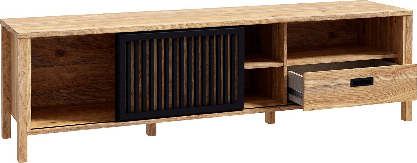 FORTE Lowboard JytanaTV-Board, TV-Schrank, Breite 174,8 cm, mit Lamellen-Schiebetüre, Mauvella Eiche / Schwarz – Bild 4 von 5