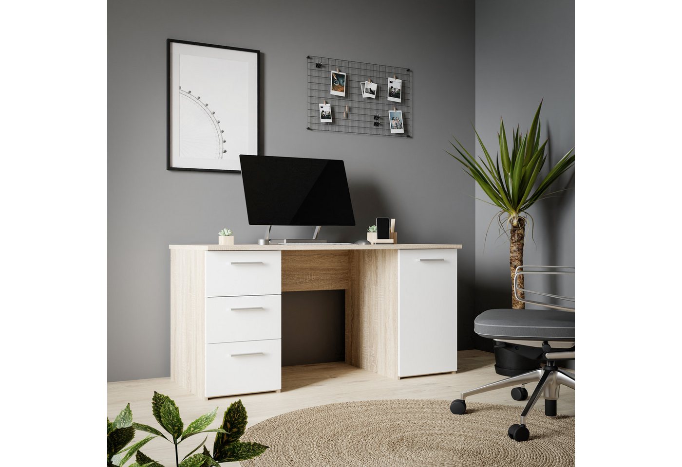 FORTE Schreibtisch Neuss, mit 3 Schubladen & 1 Tür, funktional, Breite 138 cm – Bild 2 von 5