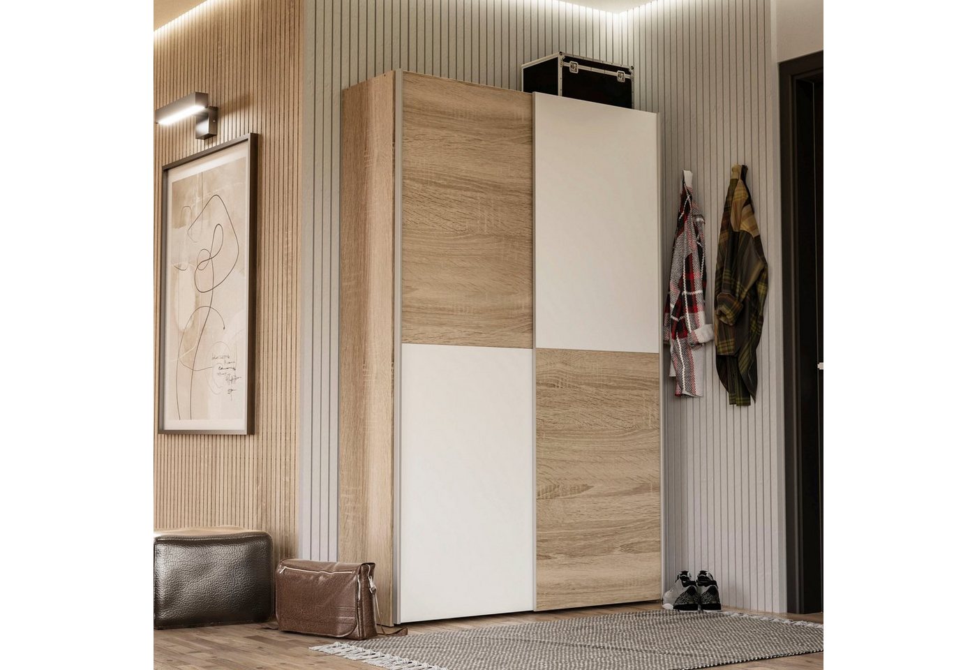 FORTE Wäscheschrank Ozzula, Mehrzweckschrank, Schwebetürenschrank, Garderobenschrank (B/H/T ca. 120/190,5/42cm, 2 Türen, 6 Einlegeböden) FSC® zertifiziert, vari – Bild 2 von 5